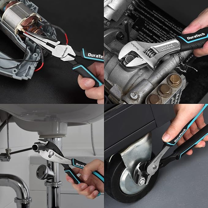 DURATECH 4-Piece Pliers Set - 8" Long Nose, Slip Joint, Groove Joint Pliers & Adjustable Wrench for Home Use