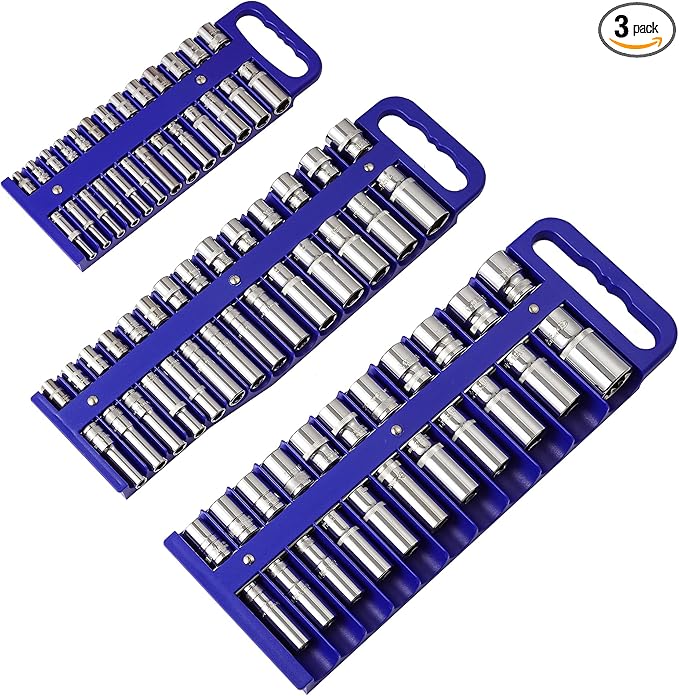 Magnetic Socket Organizer Set, 3-Piece Blue Portable Magnetic Socket Holder Tray, Heavy Duty Socket Racks For 1/2-inch& 3/8-inch& 1/4-inch Drive, Hold 76 Sockets - Fit Shallow&Deep Sockets
