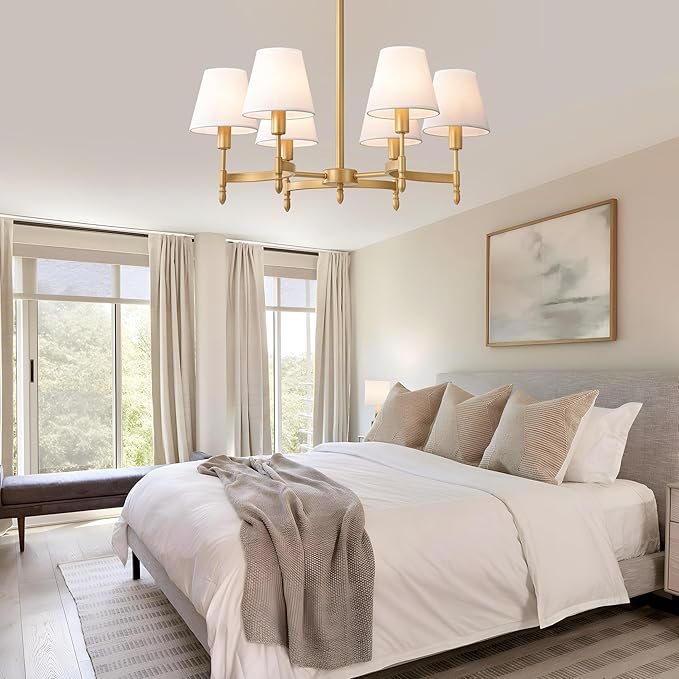 27'' Gold Chandelier Chandelier for Dining Room with White Fabric Shades, 6-Light Modern Farmhouse Chandelier Adjustable Brass Pendant Light Fixture for Living Room Kitchen Entryway Foyer