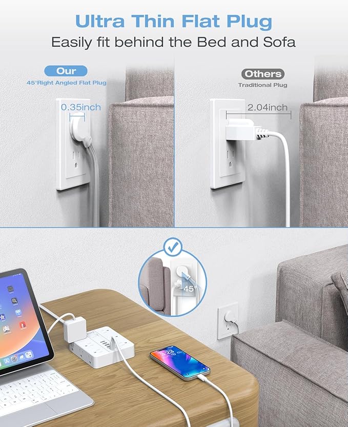 20FT Surge Protector Power Strip,12 AC Outlets with 6 USB Ports (2 USB-C), Flat Plug Extension Cord with Multiple Outlets, Wall Mount for Home Office,Dorm, White