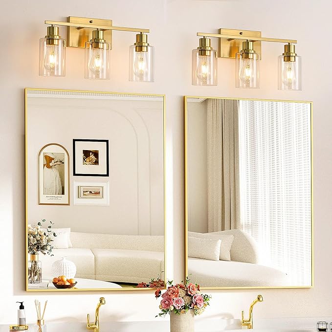 EMONG Gold Bathroom Light Fixtures, 3-Lights Vanity Light with Clear Glass Shade, Brushed Brass Wall Sconce for Hallway, Farmhouse, Living Room