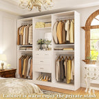 Unikito 75 Inch Closet System with 4 Drawers, 6.3FT Walk in Closet Organizer with Hanging Rods and Mirror Design, Reversible Large Closet Wardrobe with Shelves, Adjustable Closet Tower, White