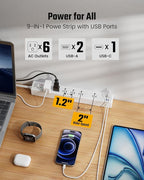 Flat Plug Surge Protector Power Strip, 6ft Ultra Thin Extension Cord with 3 USB, SUPERDANNY 6 Outlets Charging Station, Wall Mountable Outlet Extender for Home Office, College Dorm Room