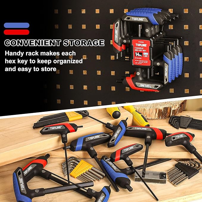 Topline 14-Piece T-Handle Hex Key Set, Metric&SAE, Long Arm Hex Keys, Portable Allen Wrenches Sets with Storage Rack for Basic Home Repair and Mechanics Maintenance