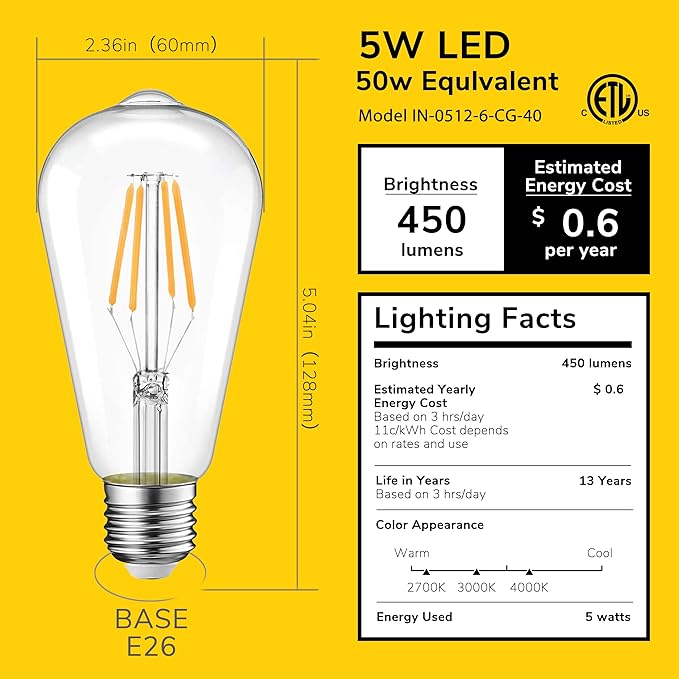 Inlight ST19 Dimmable 5W LED Light Bulb, E26 Base, Bright White(4000K), 6-Pack, 50-Watt Equivalent Vintage Edison Light Bulb with Clear Glass and Filament Design, ETL Listed, IN-0512-6-CG-40