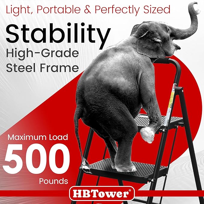 HBTower Step Ladder, Folding Step Stool with Wide Anti-Slip Pedal, Sturdy Steel Ladder, Convenient Handrail, Lightweight, Portable Steel Step Stool