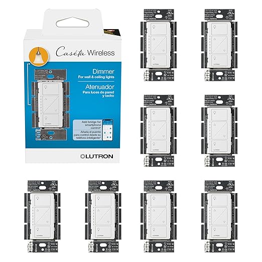Lutron Caseta Original Smart Dimmer Switch (Lutron Smart Hub Required), for LED Lights, 150 Watt, Single-Pole/3-Way, No Neutral Required, PD-6WCL-WH, White, 8 Pack