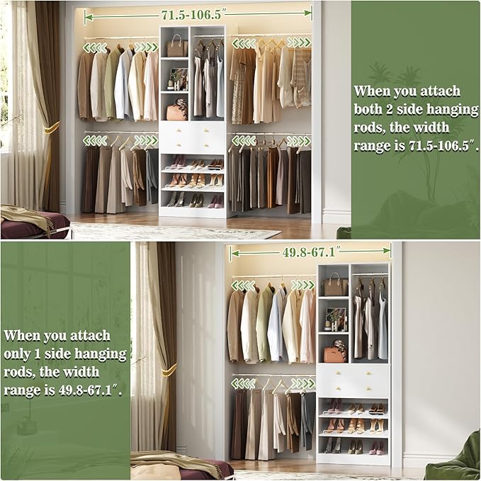 Closet System, 4.2–8.8 FT Closet Organizer with 2 Wooden Drawers and Shelves, Walk-in Closet System with 5 Hang Rods, Built-in Reach in Closet Tower, Can Fit 60 to 96 inch, White