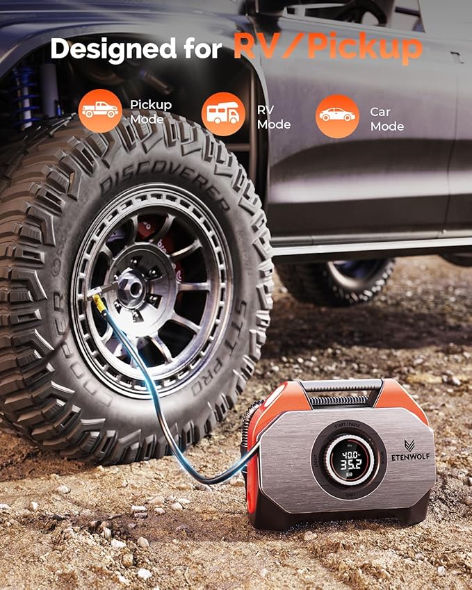 ETENWOLF Vortex S6 Tire Inflator Portable Air Compressor for Heavy-Duty Vehicles, Cordless Air Pump for Car & Inflatables with 19200 mAh Battery, 100% Duty Cycle & Dual Cylinder Bike Pump, Dark Cyan