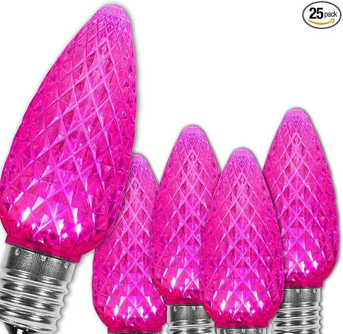 Wintergreen Lighting 25 Pack OptiCore C9 LED Pink Lights Replacement Christmas Light Bulbs - C9 LED Christmas Lights - Valentine Lights Premium Shatterproof, E17 Base (Faceted)