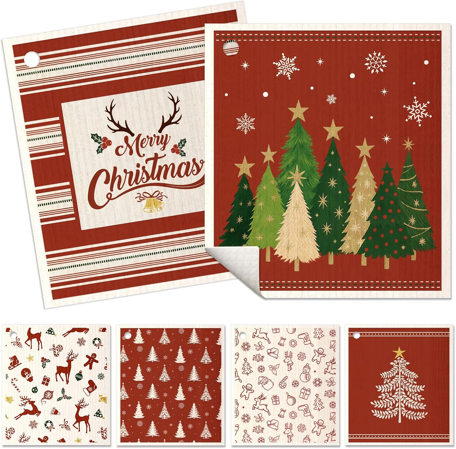 6 Pack Christmas Swedish Dishcloths for Kitchen - Reusable Dish Cloths for Washing Dishes Absorbent Cute Holiday Kitchen Towels Cleaning Sponge, Red Xmas Theme