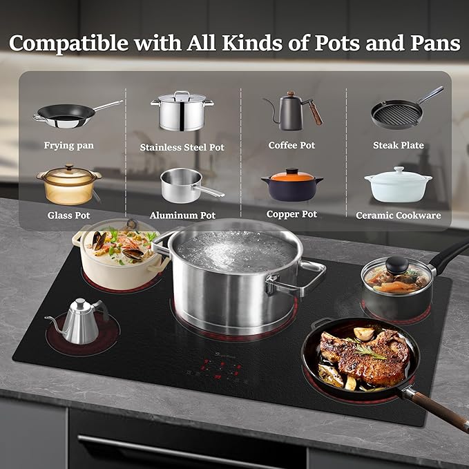 Electric Cooktop 36 Inch 5 Burners, Matte Glass Electric Stove Top, Built-in Ceramic Cooktop with Touch Control, Fast Heat, Multiple Safety Protection, 9000W with Hard Wire for 220V~240V