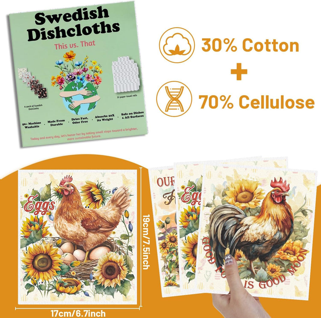 Swedish Dishcloths for Kitchen, 6 Pack Farm Reusable Paper Towels Housewarming Gifts for Women, Chicken Rooster Absorbent Dish Rags for Washing Dishes