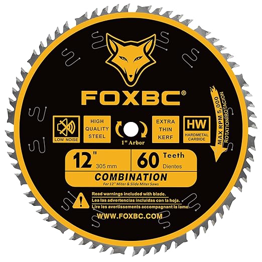 FOXBC 12 Inch Combination Miter Saw Blade, 60-Tooth, Wood Cutting with 1 Inch Arbor