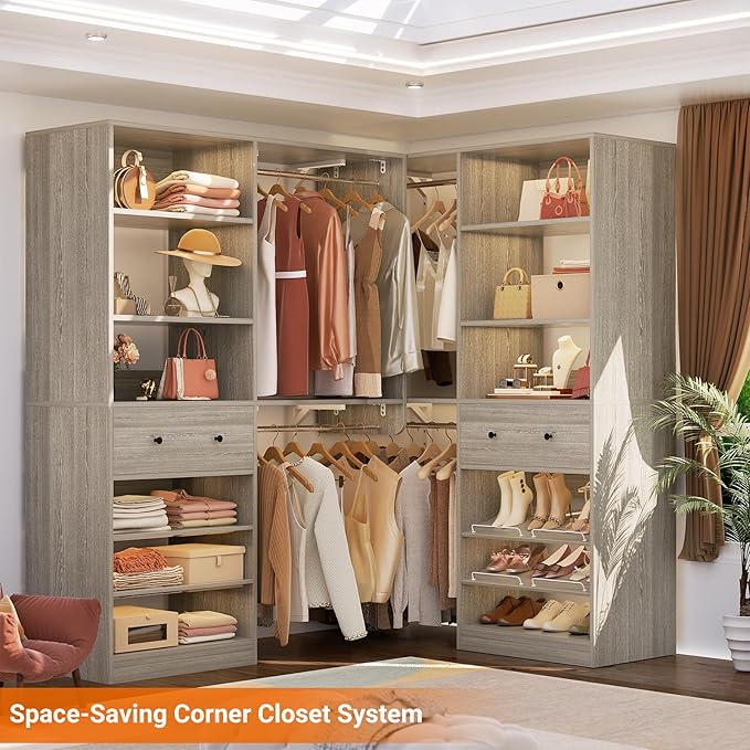 [10 FT Closet System] Reversible Set of 2 Wood Closet Organizer System with 2 Drawers, 4 Hanging Rods Adjustable Shelf, Walk In Closet Organizers with Shoe Rack, Garment Rack Clothes Rack, White Oak