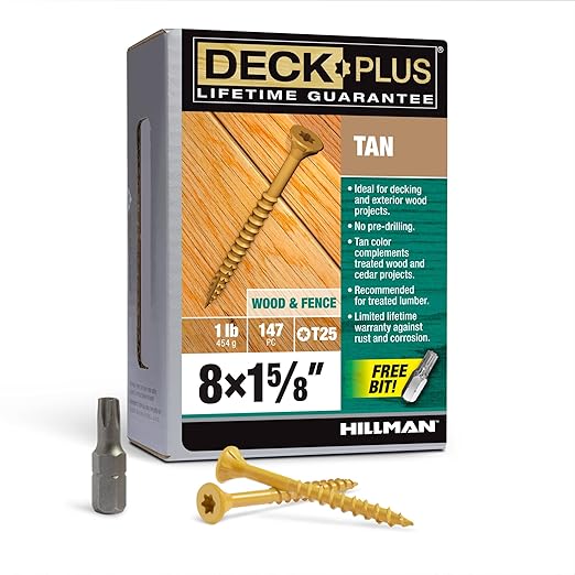 Deck Plus 1-5/8 Inch Epoxy Coated Exterior Wood and Fence Screws #8 x 1-5/8" Torx/Star Drive Included Coarse Thread, Outdoor Rust Resistant Decking Screw, Tan, 1lb Box, 186 Pieces | 48411