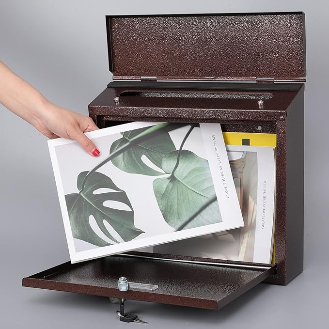 xydled Mail Boxes with Key Lock,Locking Mailbox Wall Mounted, Large Capacity, Galvanized Steel Cover Metal Postbox for House, 14 X 12.5 X 4.25 Inch,Bronze