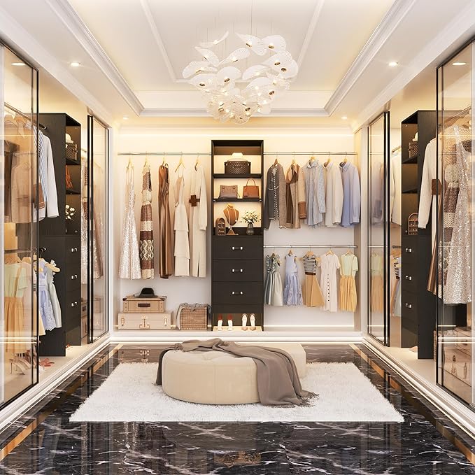 96'' Closet Organizer System with 3 Hanging Rods (Without 3 Storage Shelves), 8FT Closet Systems, Wall Mount Bedroom Wardrobe with 3 Wood Drawers, Adjustable Garment Rack from 5 to 8FT, Black