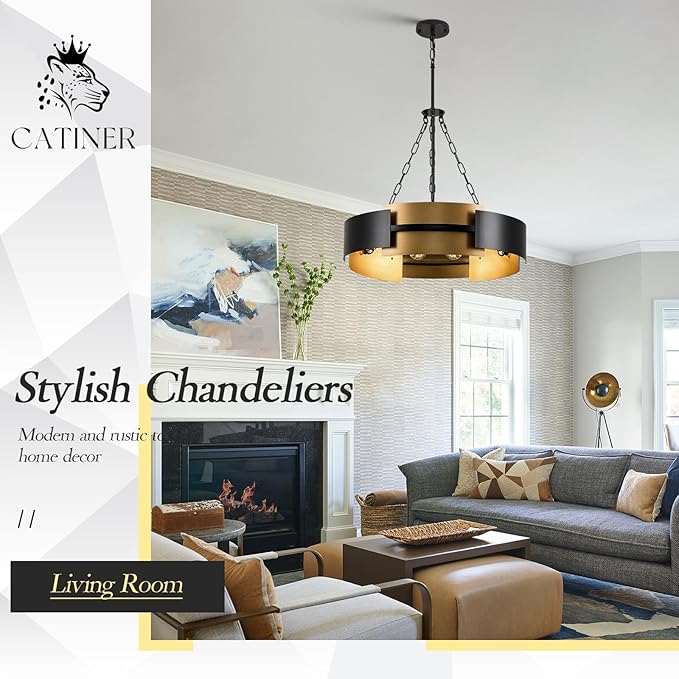 Modern Chandelier 24" Black Gold Industrial Drum Light Fixture 6-Light Metal Hanging Chandelier for Living Dining Room Foyer Entryway Kitchen