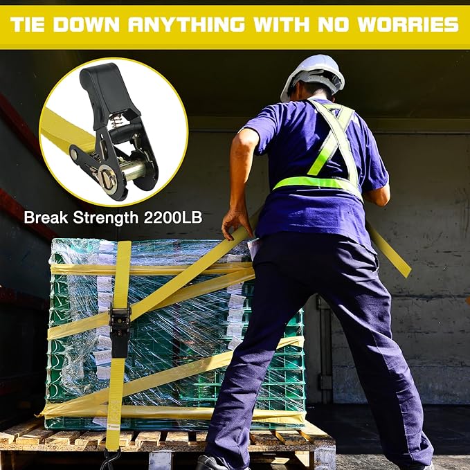 Ratchet Tie Down Straps 4 Pack -15 FT - 2200 LB Heavy Duty Srap for Trucks Cargo Ropes Tie Down Ratchet Rope Set Truck Bed with Safety Lock S Hooks Moving Hold Down-Yellow