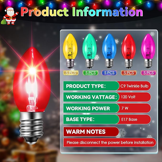 25 Pack Twinkle Christmas Replacement Bulbs, 7W Random Blinking Light Bulbs for Christmas String Light, Nightlights(Colorful,C9,E17 Intermediate Base)