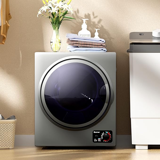 COSTWAY Compact Laundry Dryer, 110V Electric Portable Clothes Dryer with Stainless Steel Tub, Control Panel Downside Easy Control for 4 Automatic Drying Mode (Stainless Steel-Grey)