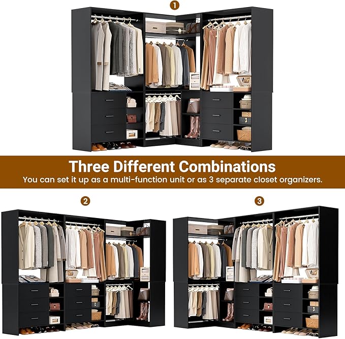 Aheaplus Closet System with 6 Drawers, 4 Hanging Rods & Corner Tower, Corner Closet System with Hanging,92.6" L-Shaped Walk-In Wardrobe Organizer, 2000+ lbs Capacity, Set of 3, Black