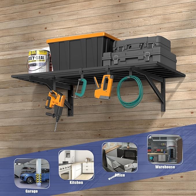 2x4ft Heavy Duty Garage Shelving, 2' x 4' Garage Wall Shelving Wall Mounted, 200LB Capacity Storage Rack with Hooks (1pack-2x4ft)