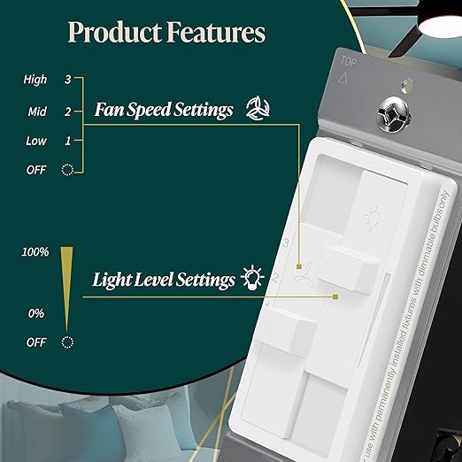 TOPGREENER Kalide Combo Dimmer Switch with 3-Speed Fan Control for Dimmable 200W LED/CFL Lights and Fan Combination Switch, Single Pole, Neutral Wire Not Required, TGDSFS3-W, White