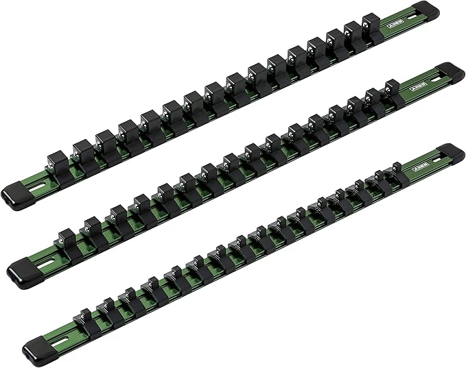 ARES 60045-3-Piece 17-Inch Green Aluminum Socket Rail Set - 1/4-Inch, 3/8-Inch, and 1/2-Inch Drive Socket Organizers Hold 48 Sockets