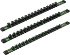 ARES 60045-3-Piece 17-Inch Green Aluminum Socket Rail Set - 1/4-Inch, 3/8-Inch, and 1/2-Inch Drive Socket Organizers Hold 48 Sockets