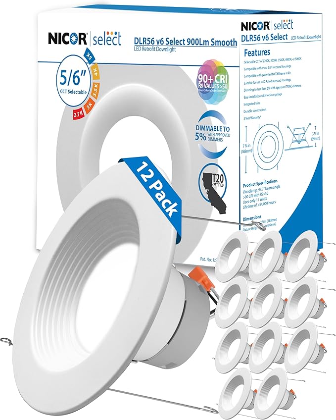 NICOR Lighting Recessed Ceiling Lights LED Downlight - 5/6 inch LED Recessed Light Fixtures - Selectable CCT 2700K-5000K, 918 Lumens, 10.3W - DLR56 LED Retrofit Ceiling Light, White Baffle, 12-Pk