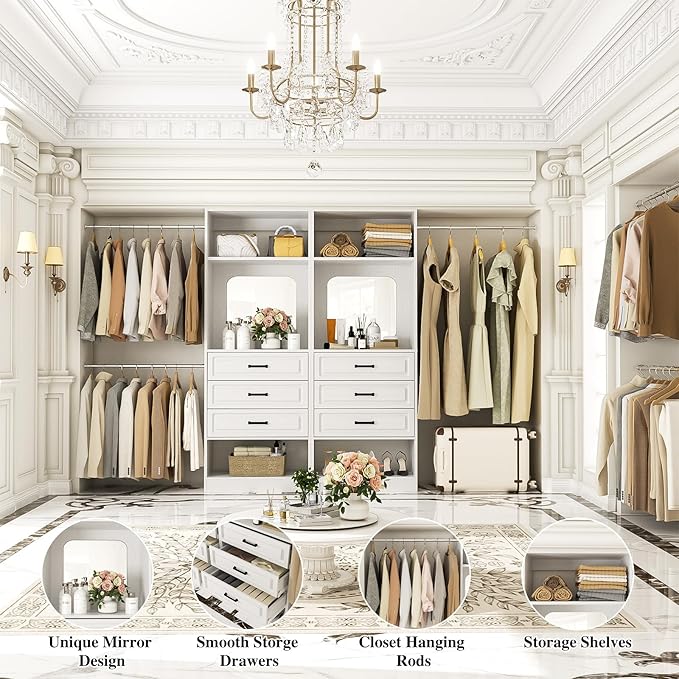 Unikito Closet System with 6 Drawers, 6-14Ft Closet Organizer with Mirror, Walk-in Closet Organizer Wardrobe Clothes Rack with 3 Hanging Rods, Sturdy Wood Clothing Garment Rack with Tower, White