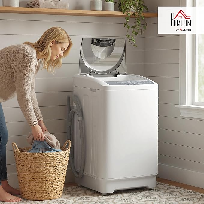 HOMCOM Portable Washing Machine, 1.3 Cu. Ft. Compact Washer with 8 Programs, 6 Water Levels, LED Display and Child Lock, 9.9 lb Full Automatic Washing Machine for Apartments, Dorms and RVs, White