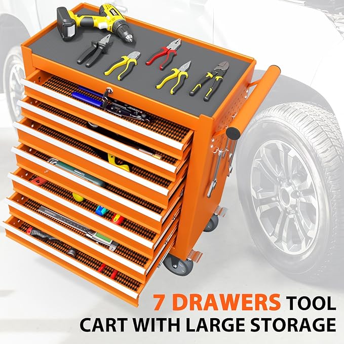 7-Drawer Rolling Tool Chest, Tool Box with 4 Wheels and Drawers, High Capacity Detachable Mobile Tool Storage Cabinet for Garage, Workshop, Mechanics and Repair Room (Orange)