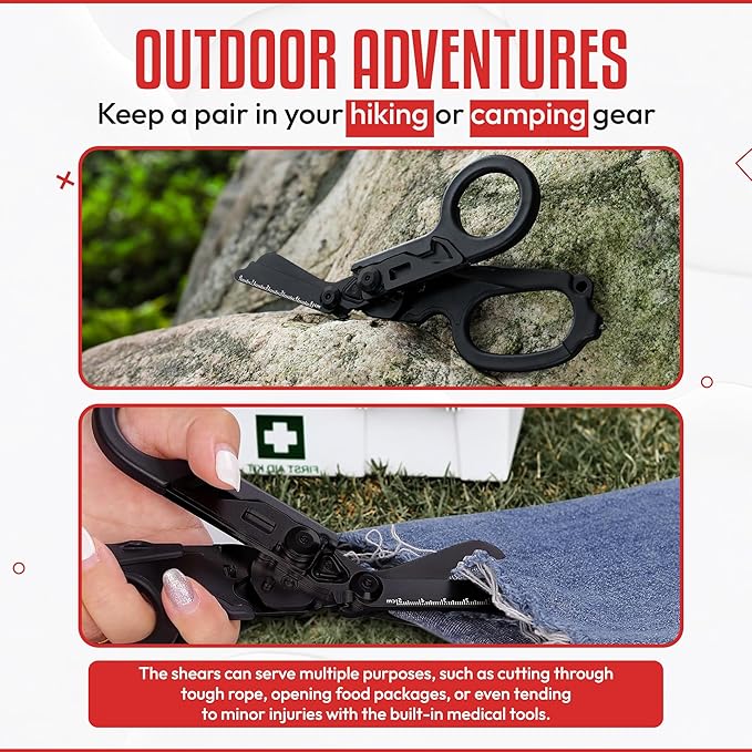 Heavy Duty 6 in 1 Multipurpose Emergency Trauma Shears Scissors with Holster, Outdoor Camping Rescue Tools with Glass Breaker, Strap Cutter Stainless Steel Foldable Scissors Pliers