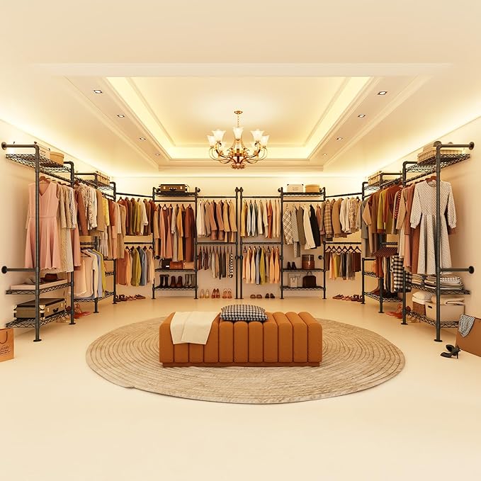 H6 Wall Mounted Closet System, Industrial Pipe Clothes Rack Clothing Racks with 6 Telescopic Rods & 3 Fixing Rods & 9 Shelves, Heavy Duty Closet Organizers and Storage in Wardrobe Closet (Black)