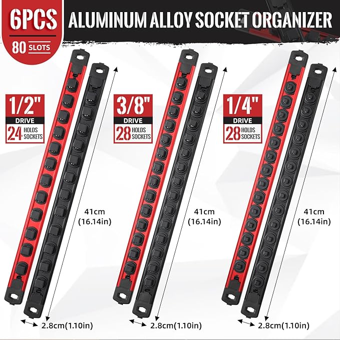 Magnetic Socket Organizer, 6-Piece Heavty Duty Aluminum Socket Holder, Socket Rail for Tool Box, Premium Quality 360° Swivel Socket Rack Kit with 80 Clips for 1/2, 3/8, 1/4-Inch(Red&Black)