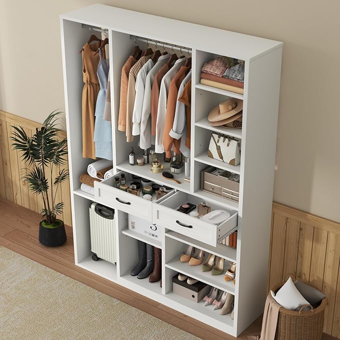 Closet System with 2 Drawers, 55” Wood Closets Organizer and Storage with 2 Hanging Rods, Walk-In Closets System, Clothes Rack with 10 Shelves, White Closet Shelves System Large Wardrobe for Bedroom