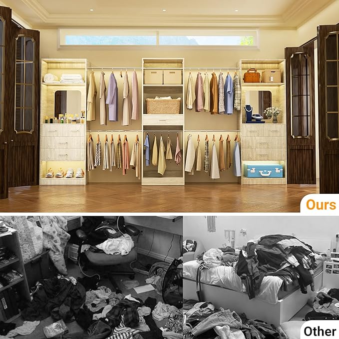 Unikito 96” Closet System, 8FT Walk in Closets Organizer Kit with 4 Extendable Hanging Rods and Drawer, Adjustable Wood Garment Rack, Sturdy Closet Insert, Easy Assembly, Max Load 1000 LBS, White Oak