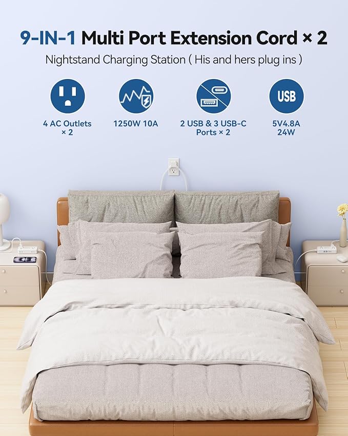 Split Extension Cord 10FT (5FT on Each Side), Single Flat Plug Twin Extension Cord with 4 AC Outlets, 2 USB-A & 3 USB-C(24W/4.8A), Nightstand Charging Station for Bedroom Dorm Room Home, His and Hers