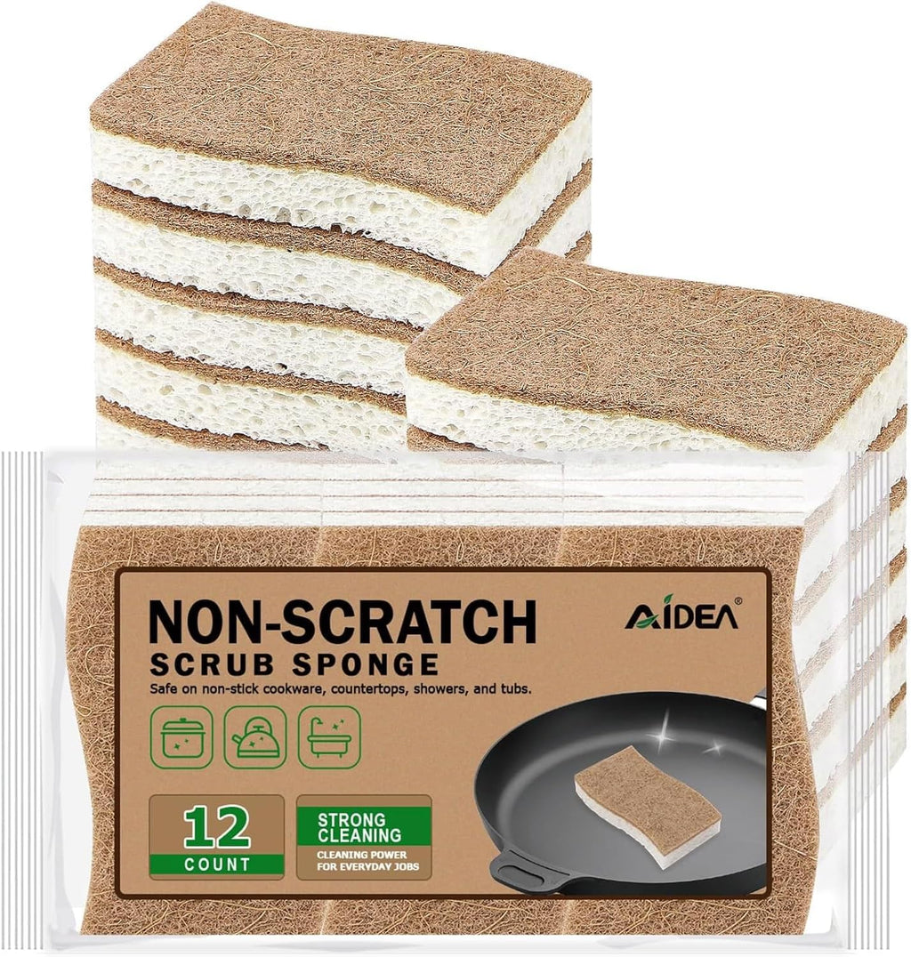 AIDEA Sponges Non Scratch, 12Count, Natural Sponge for Non Stick Cookware, Sponges Kitchen, Cellulose Scrub Sponge for Dishes, Cleaning Power for Kitchen, Bathroom, Household
