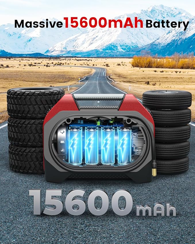 ETENWOLF Vortex S6SE Cordless Tire Inflator Portable Air Compressor, 160 PSI Air Pump for Car Tires with 15600 mAh Battery, 100% Duty Cycle & Dual Cylinder, Air Pump for Heavy-Duty Vehicle, Red