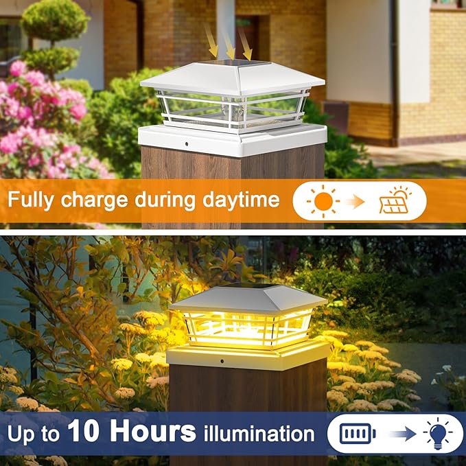 Solar Post Cap Lights Outdoor 8Pack [LED Bulb, 2 Brightness Setting] Fence Post Solar Lights Waterproof for 4x4 5x5 or 5.5x5.5 Wood Posts, Warm Bright Bulb Lighting for Garden Deck Yard White