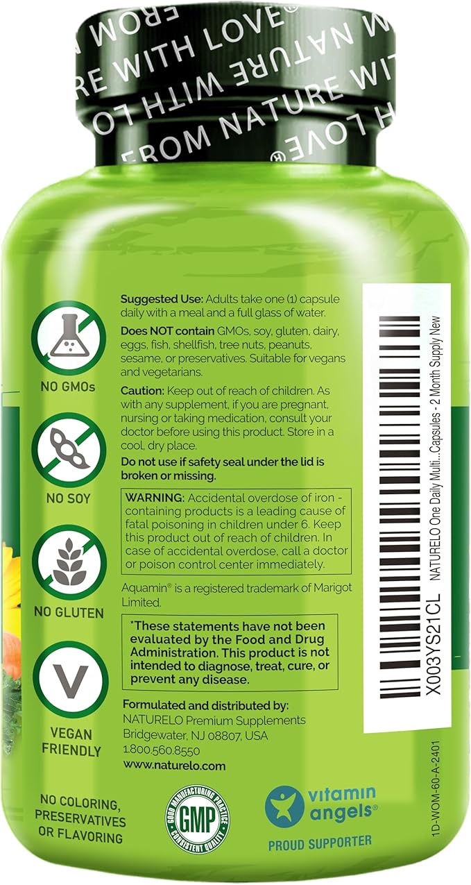 NATURELO One Daily Multivitamin for Women - Energy Support - Whole Food Supplement to Nourish Hair, Skin, Nails - Non-GMO - No Soy - Gluten Free - 60 Capsules - 2 Month Supply