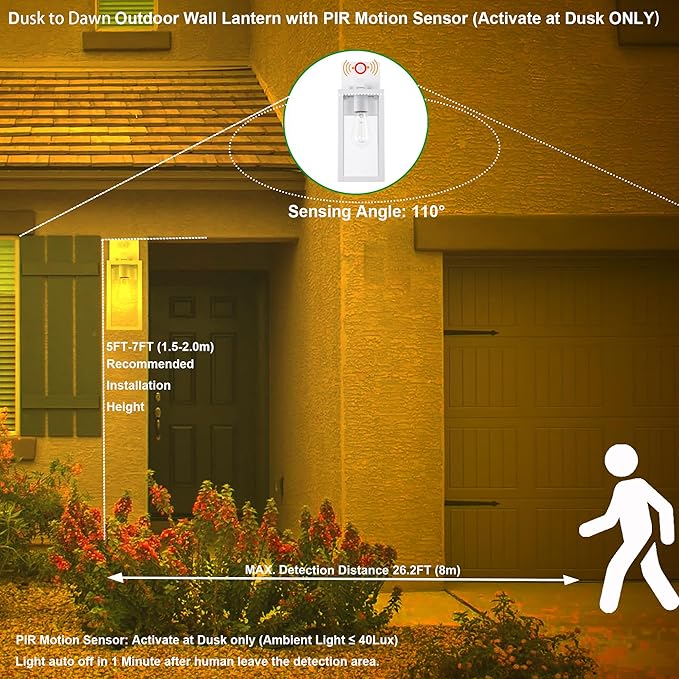 GRUENLICH Dusk to Dawn Large Outdoor Wall Lantern, PIR Motion Sensor Wall Sconce, E26 Base Max 60W, Metal Housing Plus Glass, White Finish, Bulb Not Included, 1-Pack