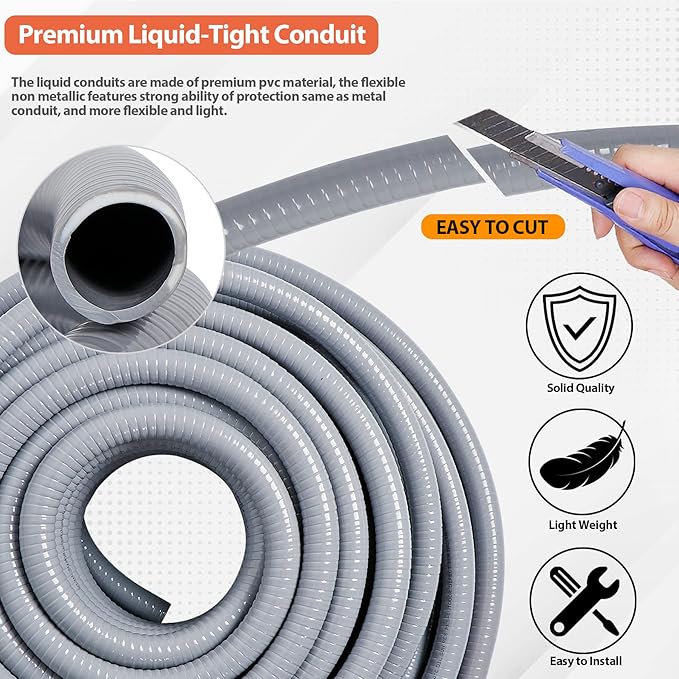 Liquid-Tight Conduit 3/4 50ft, Electrical Conduit w/UL Certification, Flexible Conduit with 5 Straight and 5 90-Degree Conduit Connector Fittings