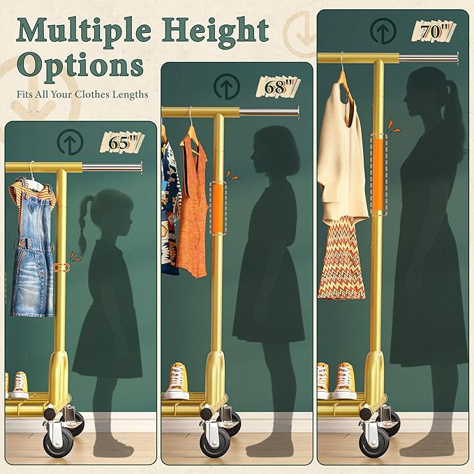 Raybee Heavy Duty Clothes Rack, Gold Clothing Racks for Hanging Heavy Clothes 200+, Rolling Clothing Rack Load 485 LBS, Extendable & Adjustable Portable Commercial Garment Rack with Wheels, Gold