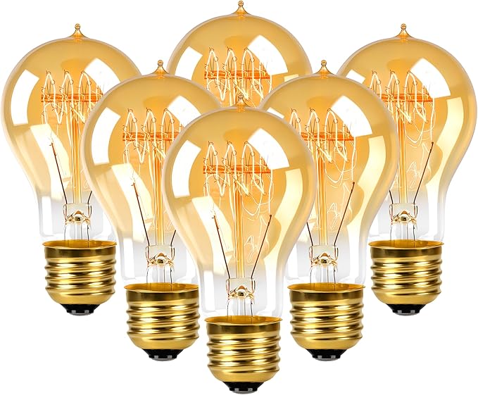 Edison Light Bulb 40 Watt, Warm Amber E26 Base Dimmable A19 Vintage Light Bulbs for Decorative Lighting & Home Decor(6-Pack)