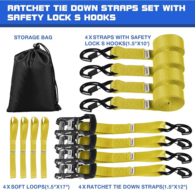 Truck Bed Tie Down Straps Ratchet Set 4 PK 10'x1.5 Inch 4400 lbs Load Rack Roof Car Accessories Heavy Duty Cargo Straps Ratching for Kayak,Moving Furniture,Boat,Trailer,Mattress Tie Downs Rope Yellow